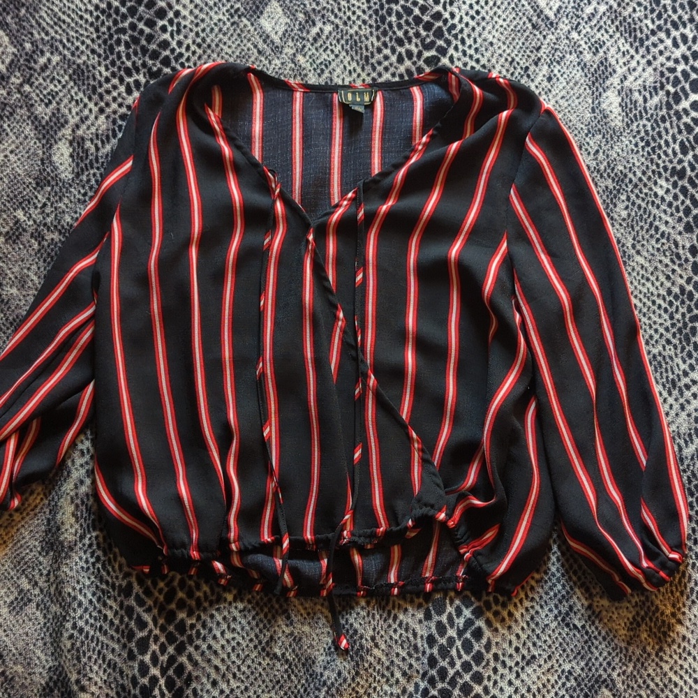 OLM, L, black blouse with red/white stripes